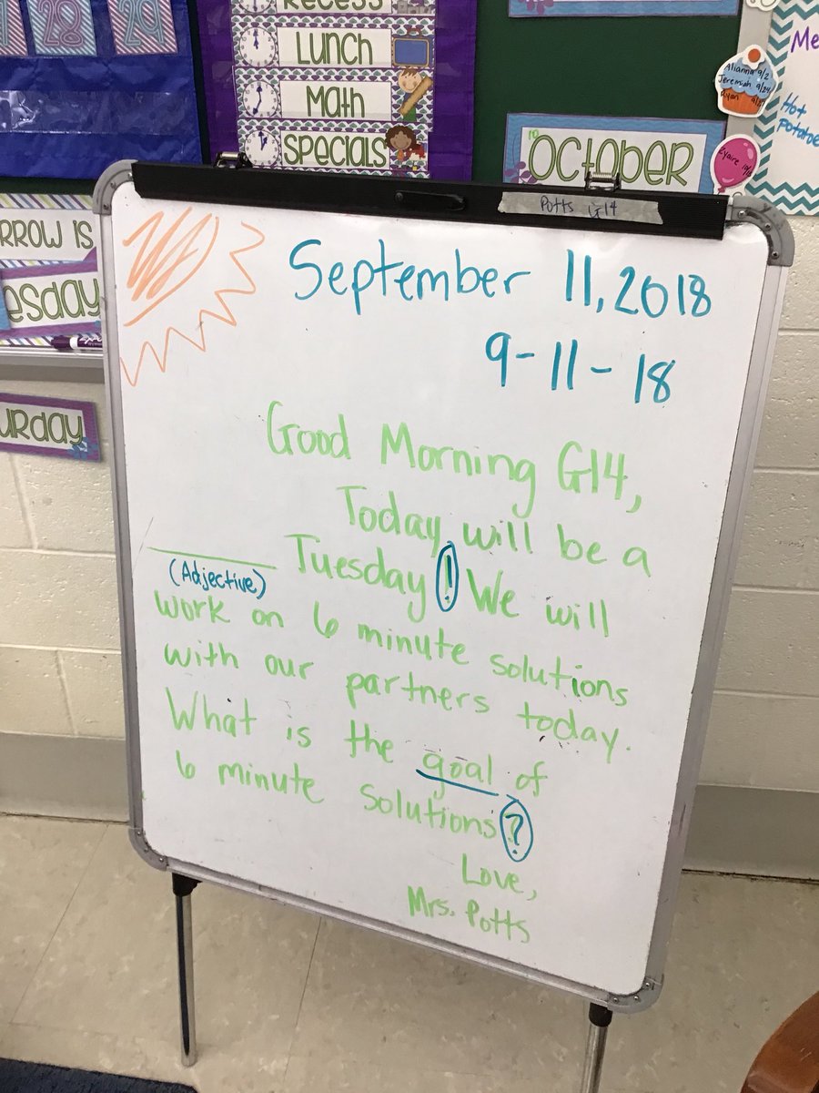 Mrs_PottsG14's tweet photo. Getting down to business here at Southern Elementary School! Introducing nouns and adjectives #commoncore , working on our fluency #6minsolutions using #7habbits to begin with the end in mind, previewing interrogative, and exclamatory sentences! #colonialsd #firstgraderocks https://t.co/mNdbhhx8B3