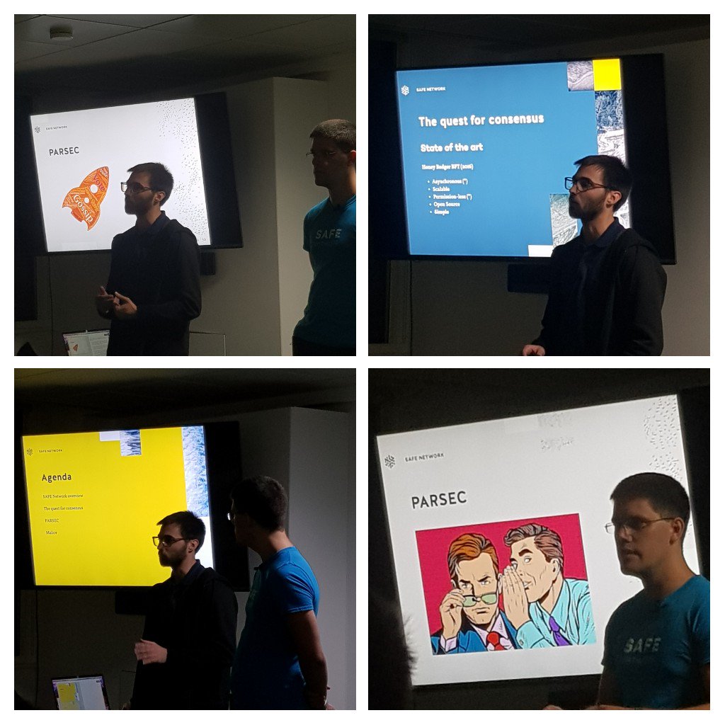DugCampbell's tweet image. .@PierreCHEVALI15 and @ebvalaim  of @maidsafe going deep into the  #PARSEC consensus algorithm at @workonblockchain in London tonight #SAFENetwork
