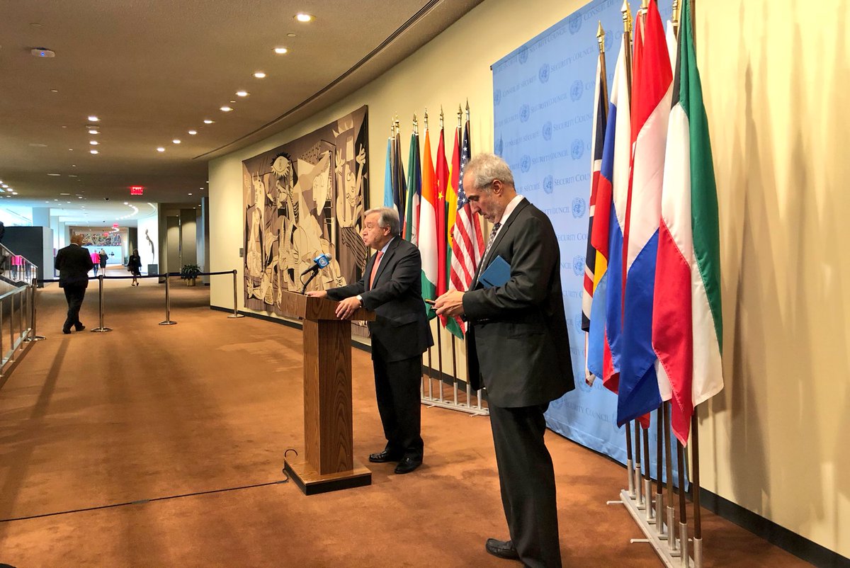 UN_Spokesperson's tweet photo. I am here to make an appeal about the unfolding situation in Syria’s Idlib province. So much is at stake. It's  absolutely essential to avoid a full-scale battle. This would unleash a humanitarian nightmare unlike any seen in the Syrian conflict - @antonioguterres https://t.co/oeem2F65em
