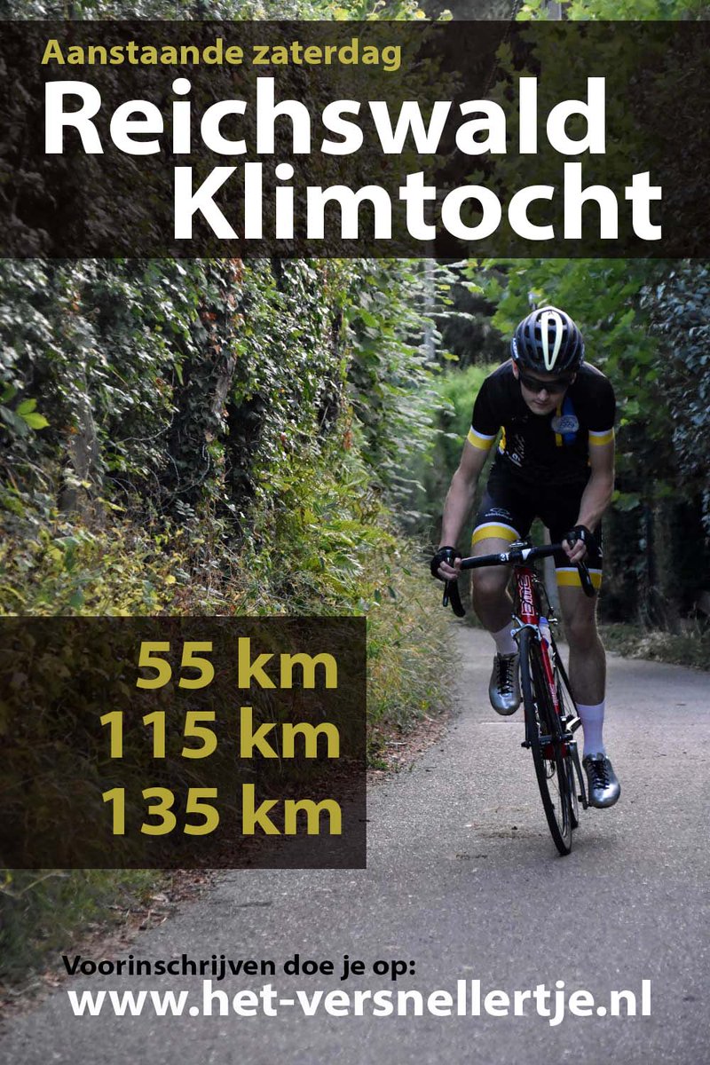Zaterdag organiseren wij voor de laatste keer dit seizoen een toertocht. 
De Reichswald klimtocht is een mooie toertocht over Betuwse weggetjes maar natuurlijk ook met de mooiste klimmetjes in het Rijk van Nijmegen en de Reichswald. Voorinschrijven kan nog via onze website.