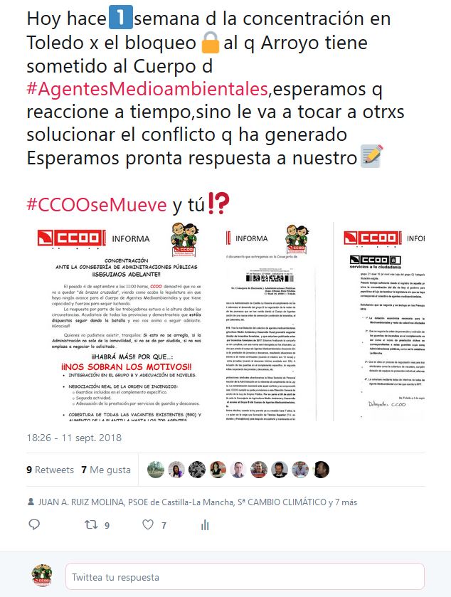 CCOOAgentesJCCM's tweet image. Agradecemos apoyo,pero agradceríamos aún+q cumpliera sus promesas
1⃣sem. q decenas d #AAMM se concentraron Toledo 
Y d paso podría pedir actualizar #PLATECAM,#PRICAM,#METEOCAM..para reflejar+funciones #AAMM n #SeguridadAmbiental y no sólo palabras vacías..