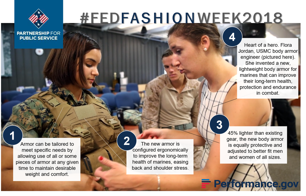PerformanceGov's tweet photo. Each year, @RPublicService “Sammie” awards celebrate excellent fed employees. Flora Jordan, armor engineer for @USMC, won last year for her groundbreaking invention of lightweight body armor for Marines: https://t.co/SrhG59EbNs #Sammies #Fashion #NYFW #LAFW #fedfashionweek2018 https://t.co/i6ZJf49IlW