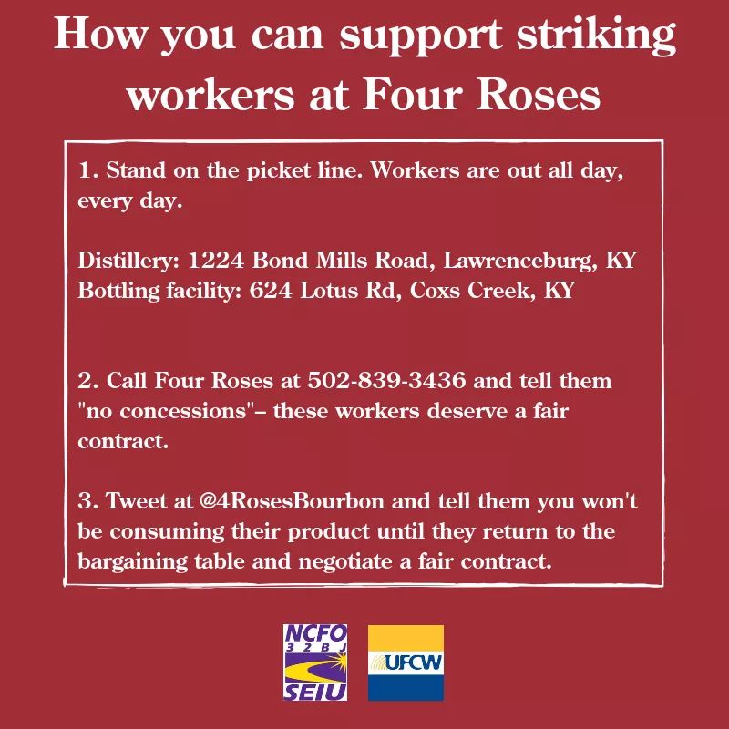 KY_LungBuster's tweet photo. How you can help the workers on strike @4RosesBourbon. 

#istandwiththeemployees #takingmybourbonelsewhere 
#supportlocal #supportyouremployees #bourbon #kybourbon https://t.co/olM91j9vTI
