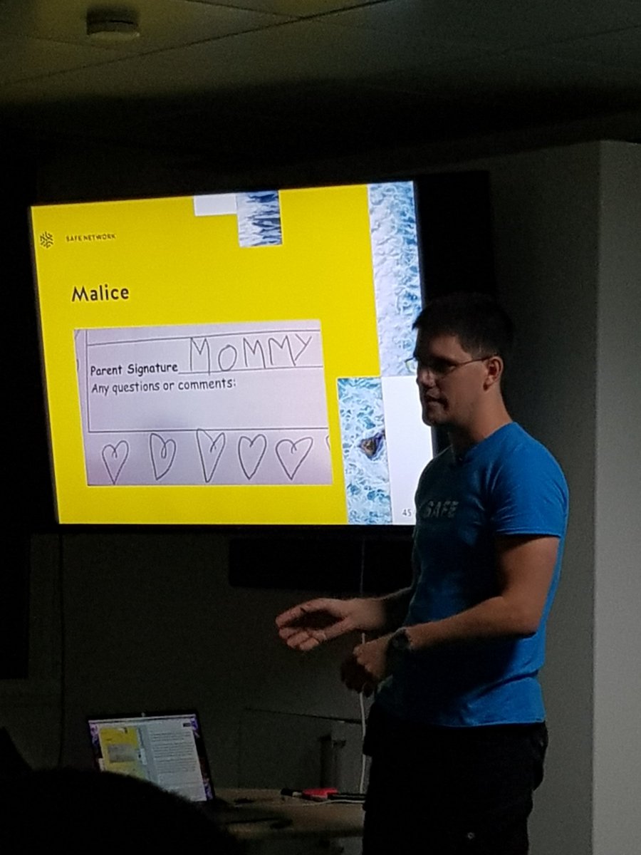 DugCampbell's tweet image. .@ebvalaim talking about dealing with forgeries in #PARSEC conaensus at @workonblockchain #SAFENetwork