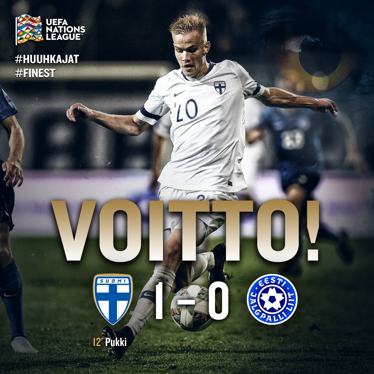 🙌🎉 SUOMI VOITTAA! Huuhkajat ottaa voiton myös toisessa Nations Leaguen ottelussaan, kun Viro kaatuu Turussa Teemu Pukin osumalla 1-0! OI SUOMI ON! 🇫🇮🇫🇮 #Huuhkajat #FINEST #UNLfi #Nationsleague