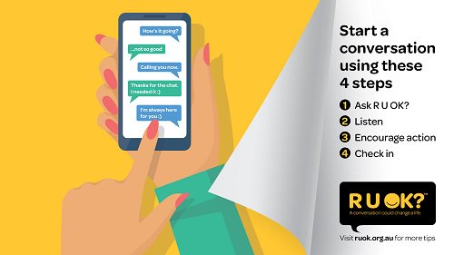 VRWNetwork's tweet photo. It's R U OK? Day tomorrow (13 September)! What will you do to start a conversation and support those around you? Get involved with your own event at https://t.co/Qy5uz7Nloz or simply grab a cuppa with a friend and ask R U OK? #VRWNetwork #RUOKDay #MentalHealthAwareness https://t.co/vHyf0r2zpM