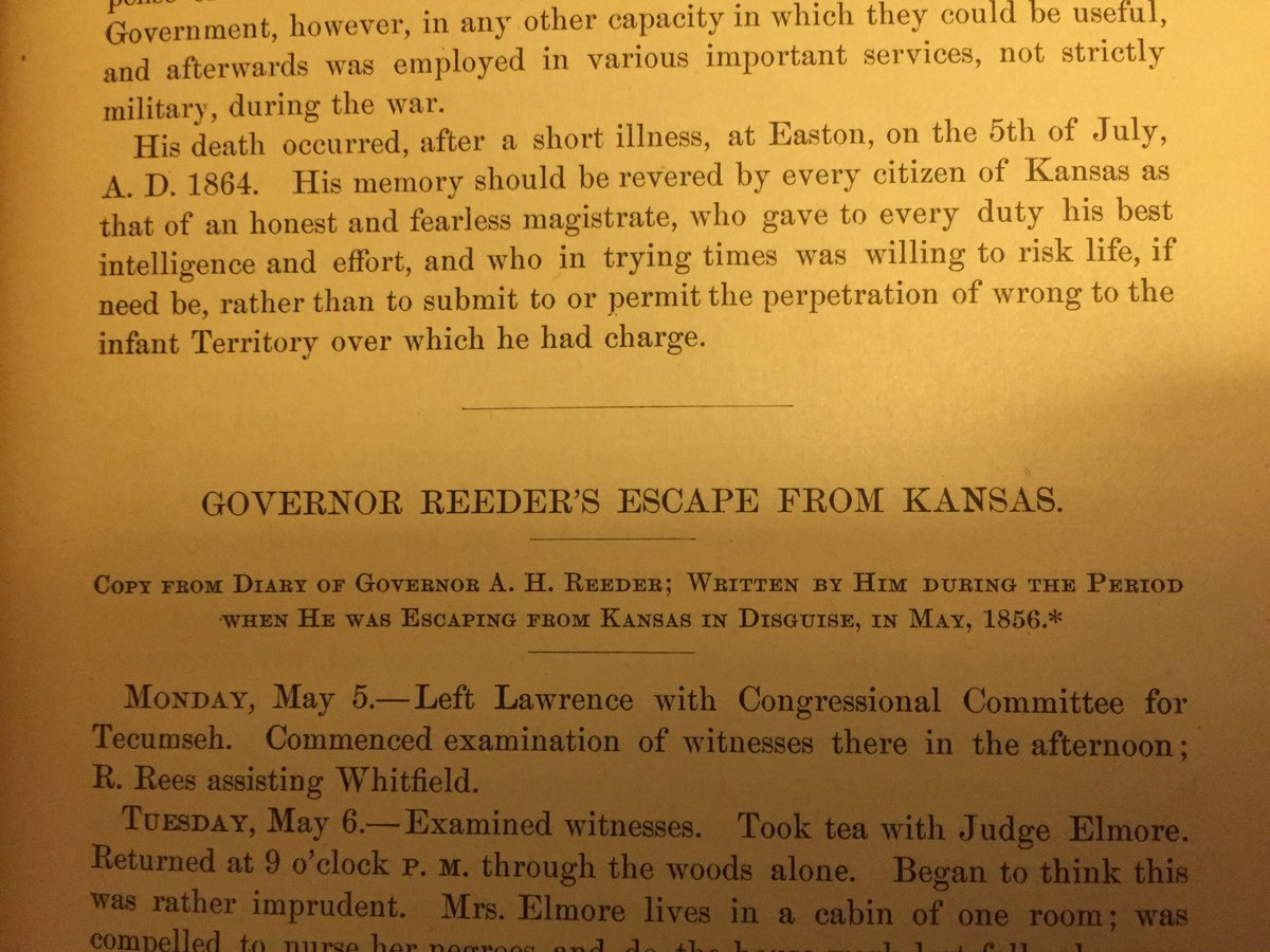 Perry4Kansas's tweet photo. 1856- KS Territorial Gov. Reeder flees KS in disguise after refusing to certify an fraudulent election. 1000 Missourians voted illegally in KS to make it a slave state. President Pierce fired him, Reeder escaped, body &amp; integrity intact #kshistory #ksleg #piercewastheworst https://t.co/x2uTC4E0gC