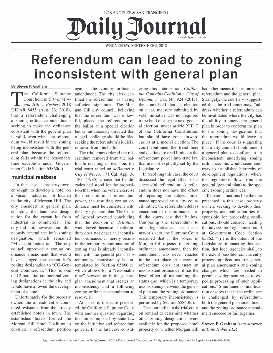 ColeHuberLLP's tweet photo. Our Steven Graham published an article recently on what happens when a referendum leads to zoning inconsistent with a city's general plan.  Here's a reprint of his article https://t.co/HmjcGTPKwh