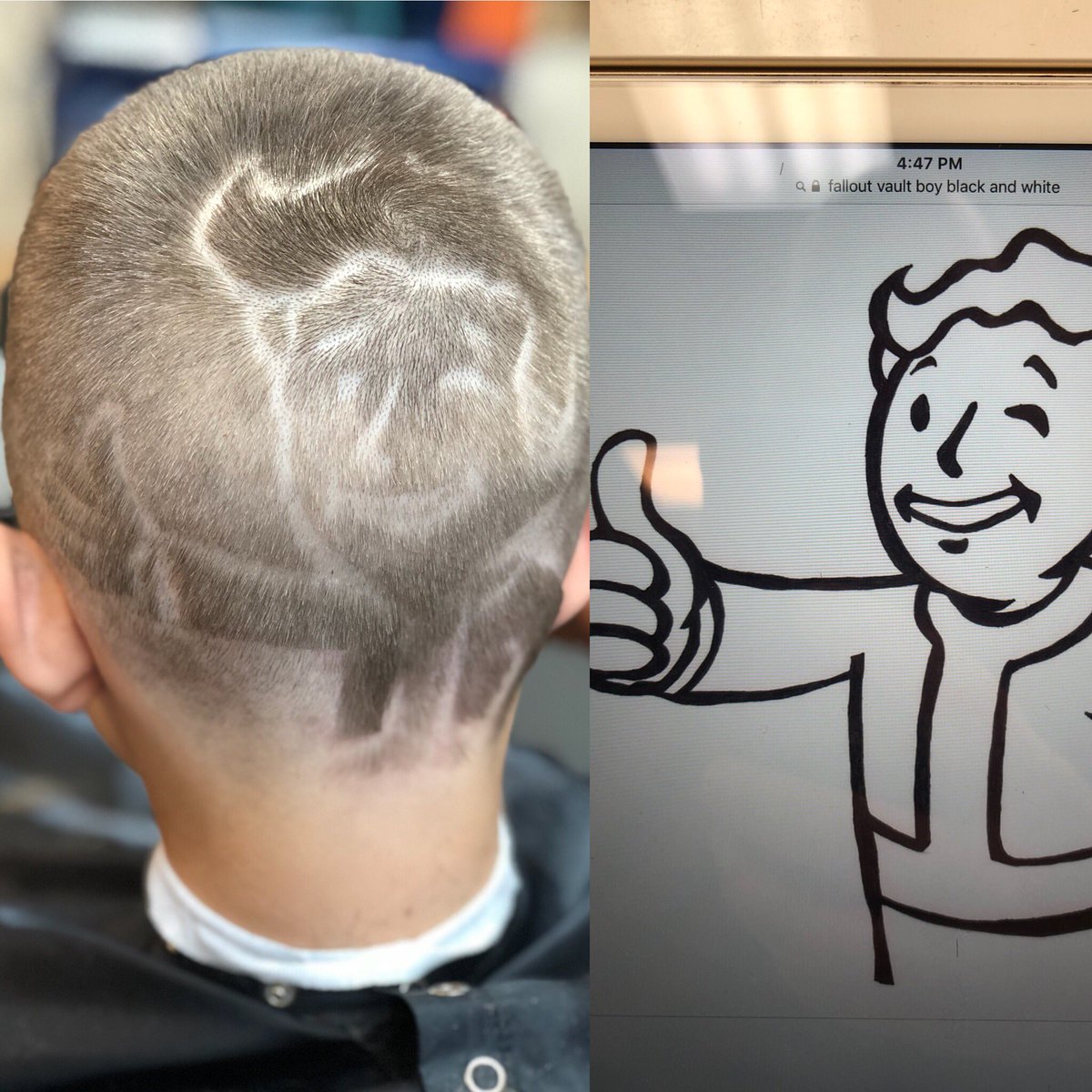 Centercourt2005's tweet photo. Had a great time doing this today. #falloutvault76 #fallout #vaultboy #xbox #gaming #barber #barbershop #barbers #xboxone #barberlife #indiana #wabash #centercourtbarbershop https://t.co/6y8RXCUNen