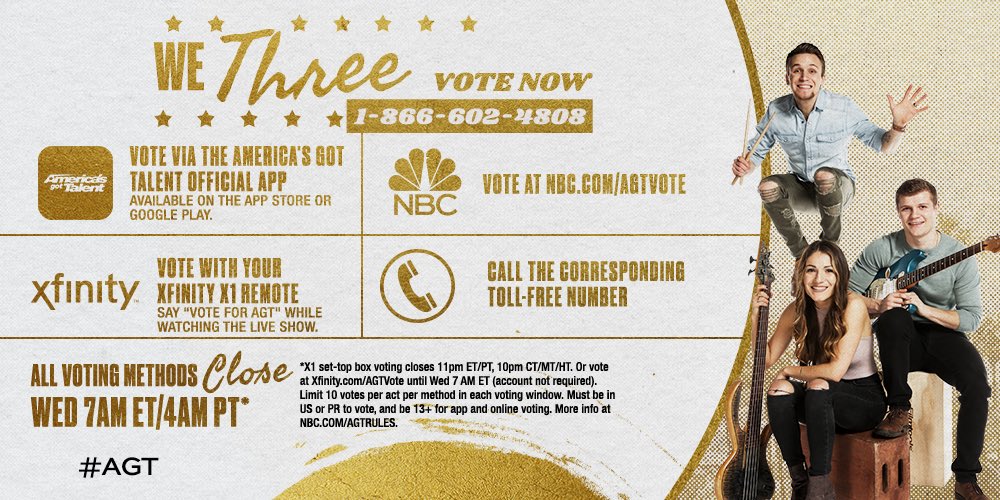 wethreemusic's tweet photo. Thank you all for your support!! Below is the toll free number to vote! #agt @agt https://t.co/g86ZE12KKH