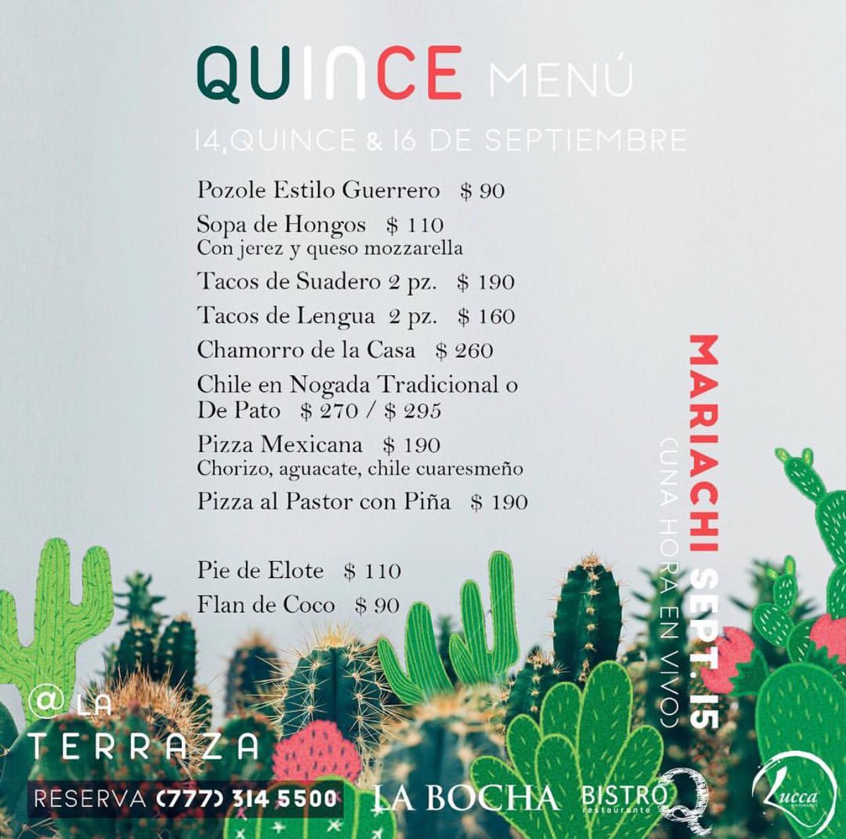 ¡Este 14, 15 y 16 de Septiembre la pasaremos bomba 💥 en la Terraza más rica de Cuerna! ✔️Mariachi 🎺 en vivo ✔️Menú especial mexicano 🇲🇽 ☎️ Reservaciones (777) 3145500
📍Av. Río Mayo esquina Teopanzolco
- #FiestasPatrias