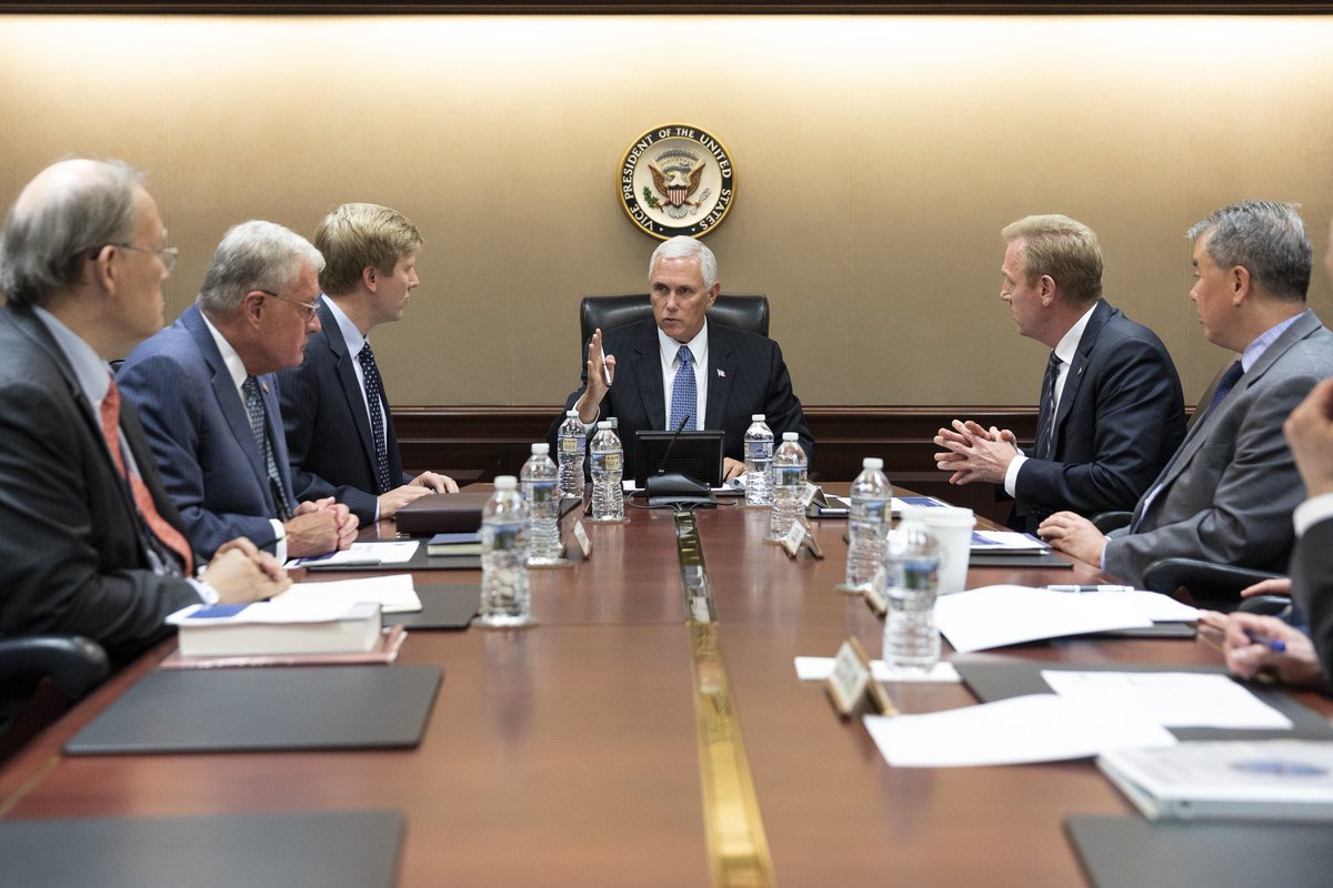 VP45's tweet image. Under @POTUS Trump, America is leading in space again! Important briefing today on establishing the U.S. #SpaceForce as the 6th military branch. We face countless threats, but we are rebuilding our military &amp;amp; implementing cutting-edge technology to counter threats on ALL fronts.