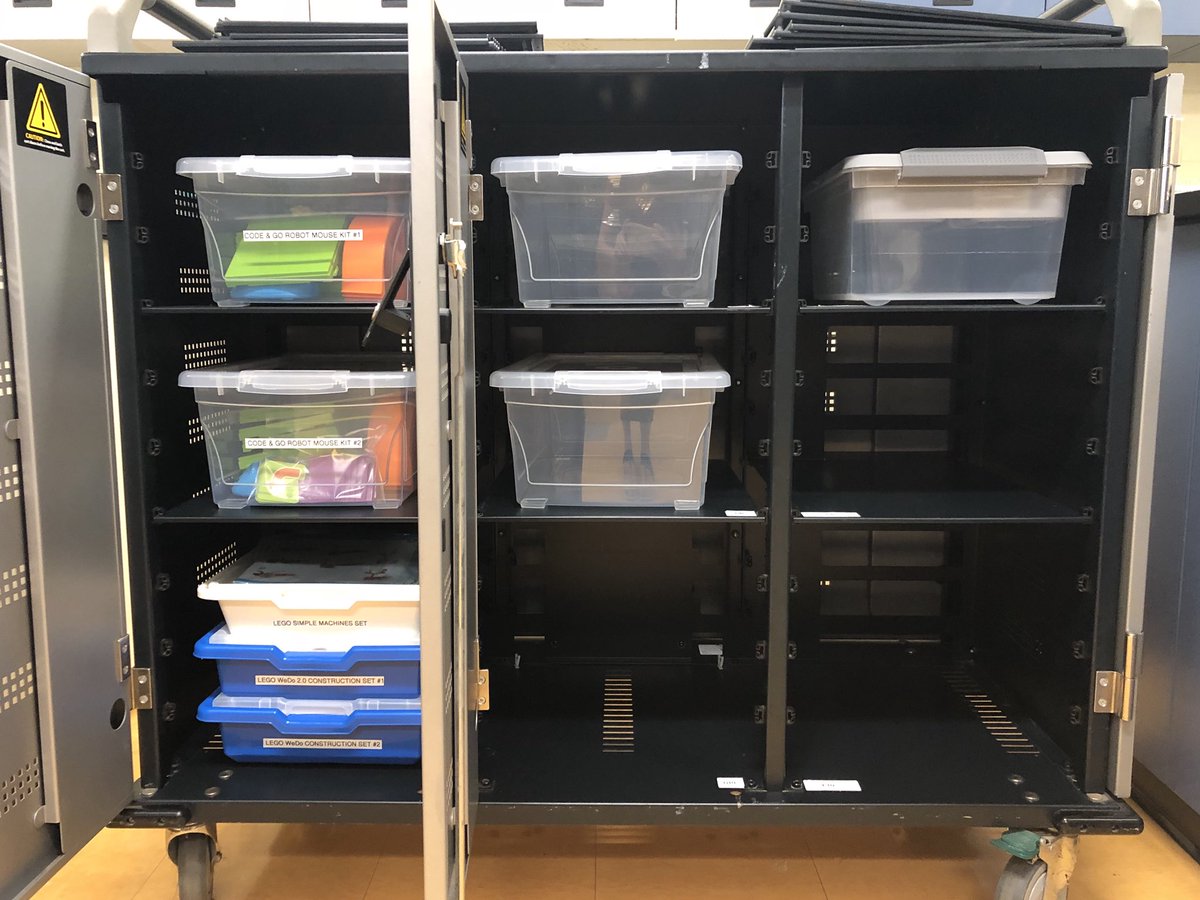 TeacherMomOfTwo's tweet image. Today I repurposed an old charging cart by removing a bunch of shelves to make way for our new #STEM kits: #floorrobots, #LEGO WeDo 2.0 and simple machines kits, #sphero, #dashanddot, #botley, #microbits and more! #tcdsb21c #tcdsbcodes #csforall #coding #edtech