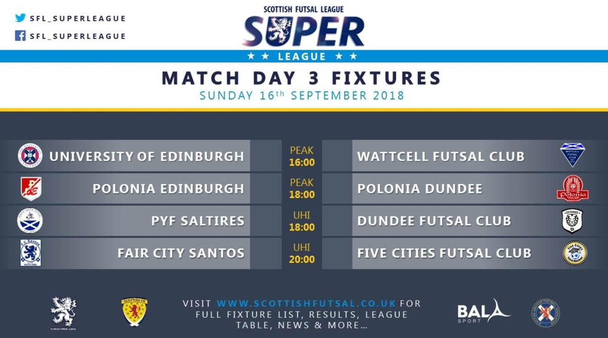 sfl_superleague's tweet photo. Fixtures

Sunday 16th  September 

Free entry for spectators

#ScottishFutsalFamily 

@ScotAmFA 
@sfl_perth @SFL_Glasgow @SFL_Dundee @sfl_edinburgh @sfl_Central @BalaSportUK https://t.co/mVwMq7CFty