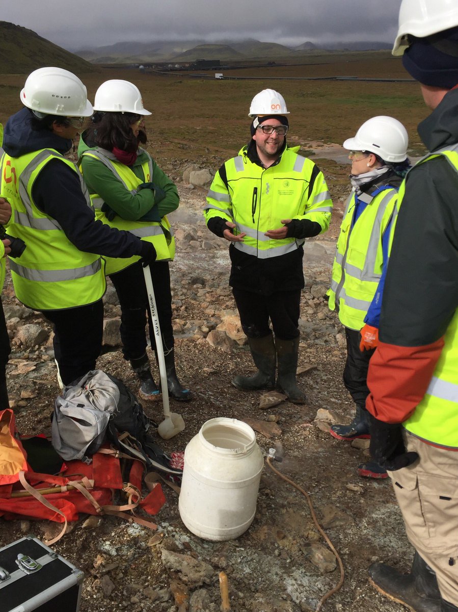 IntCarbonConf's tweet photo. Jóhann Gunnarsson-Robin from the University of Iceland giving field training in surface geothermal fluids to the Metal-Aid summer school students #IntCarbonConf #ICC_18 https://t.co/qlOampYKxM