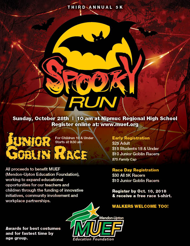 Mendon Upton Education Foundation (@muefoundation) on Twitter photo Registration is open at muef.org for MUEF's Third Annual Spooky Run 5K and Junior Goblin Race on October 28, 2018. Join us for some exercise in support of a great cause - sustainable and innovative grant programming in the MURSD! <a href="/MendonUptonRSD/">Mendon-Upton RSD</a> Registration is open at muef.org for MUEF's Third Annual Spooky Run 5K and Junior Goblin Race on October 28, 2018. Join us for some exercise in support of a great cause - sustainable and innovative grant programming in the MURSD! <a href="/MendonUptonRSD/">Mendon-Upton RSD</a>