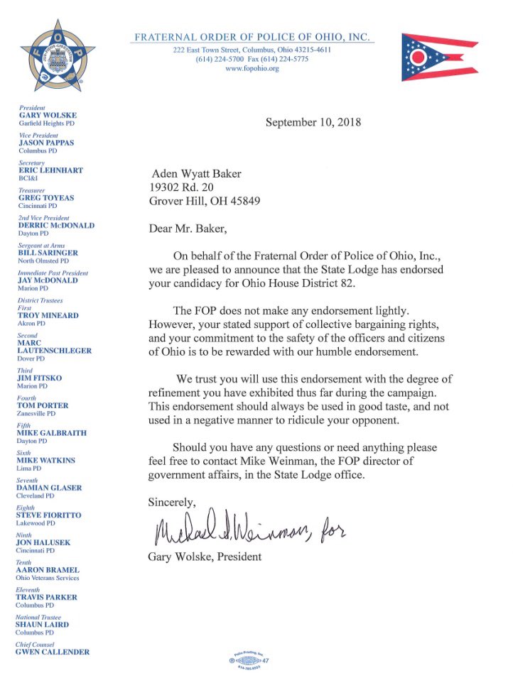 BakerForOH's tweet photo. I am so honored and excited to announce that my candidacy has been endorsed by the Fraternal Order of Police. 
I am committed wholeheartedly to ensuring the safety of our law enforcement officers. #UnionStrong #Baker2018 https://t.co/o6sDdJBxwK