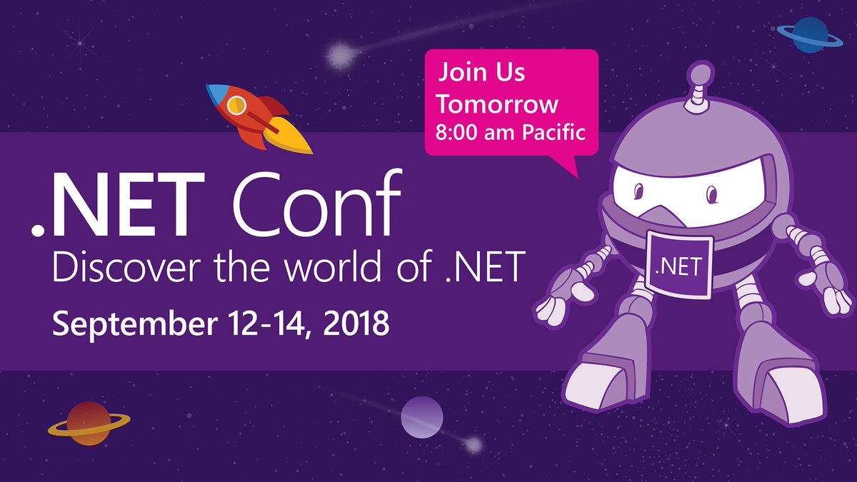 It's almost here. 
#dotNETConf starts tomorrow morning at 8:00am Pacific.
- msft.social/117key -
Tune in for live-streaming sessions featuring speakers from the community &amp; .NET product teams. Learn, ask ??s live, &amp; get inspired for your next software project.