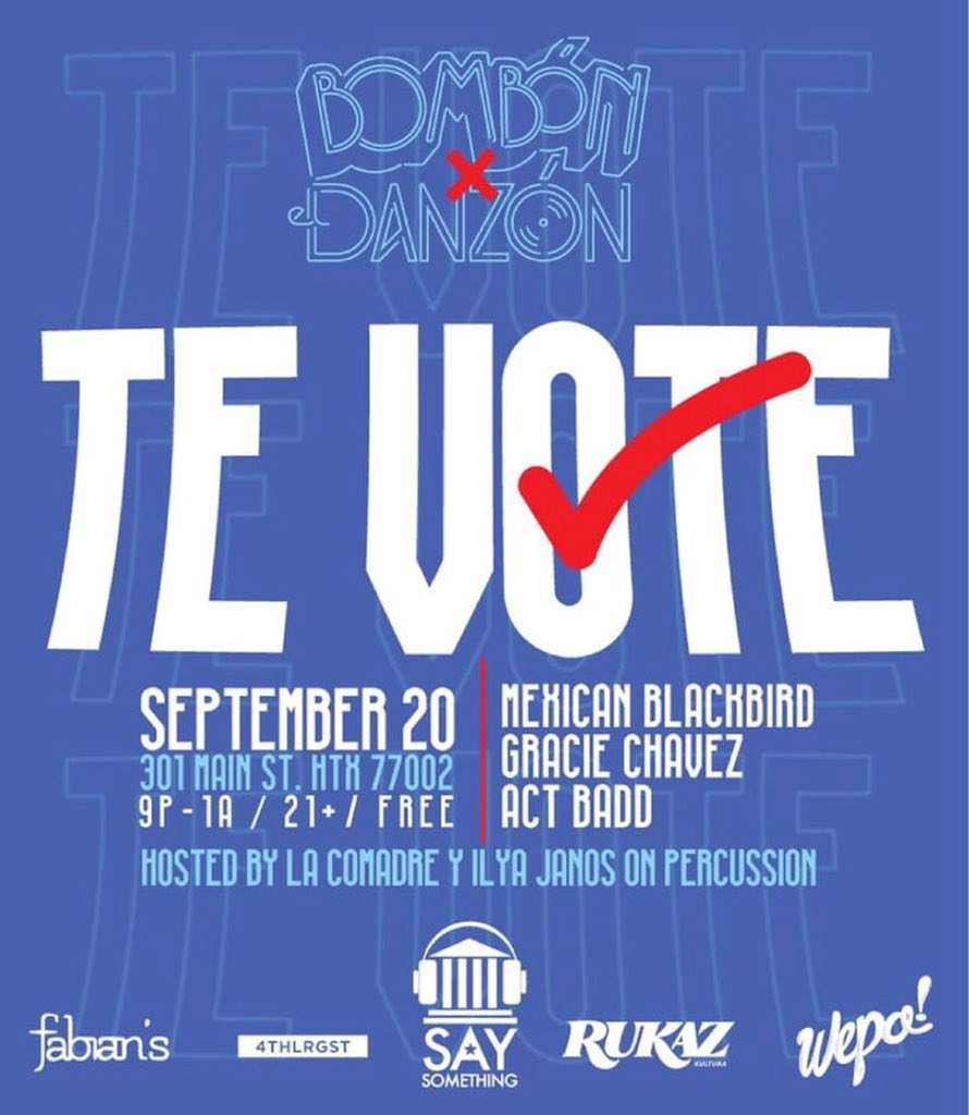 saysomethingTX's tweet photo. THU SEPT 20TH 🗳 TE VOTE: BOMBÓN x EL DANZÓN Patio Party
〰️
Join the @bombontexas DJ crew downtown at for the Te Voté event! 
Our @saysomethingtexas street team will be there registering you to VOTE for this NOV 2018! 🗳 Inviten a toda LA RAZA aka the whole crew!! https://t.co/66dIc5IrEg