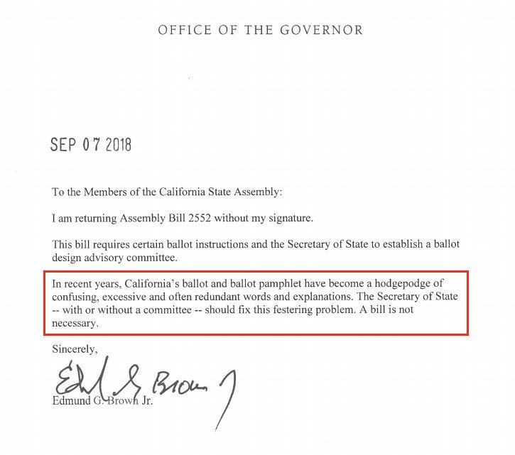 Governor Brown’s veto letter stating that California’s ballot has “become a hodgepodge of … words and explanations."