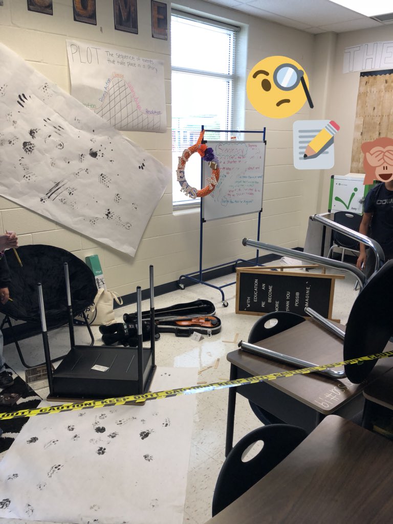 Students happened across a crime scene in 5th grade today.  Sharpen those inference skills to solve this mystery! #KFEstrong