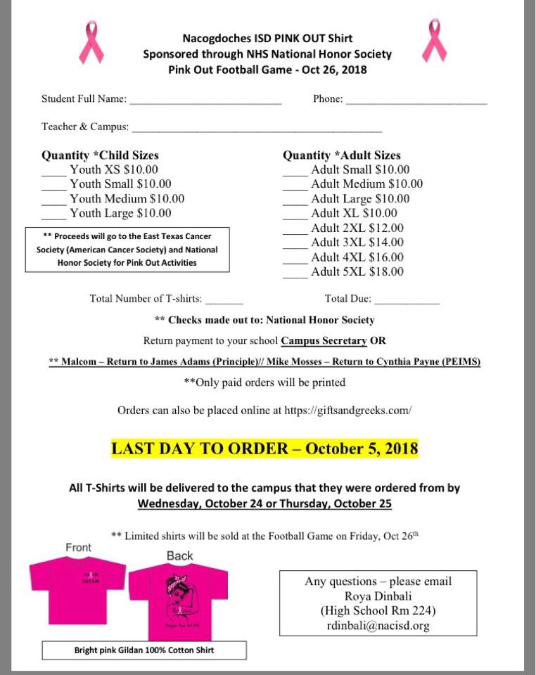 HonorNac's tweet photo. Everyone buy the 2018 Pink Out shirts!!!! Order before October 5th!!💕 #pinkout #ReturnOfTheNac #nacisd https://t.co/u2Gf4V6eem