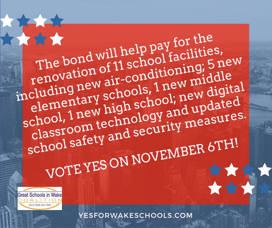 Gr8SchoolsWake's tweet photo. Please share with your school communities, friends and neighbors that a Wake County School Bond will be on the ballot in 2018. Early voting begins October 17th! You can get details about the bond here: https://t.co/qCXkKArYQA https://t.co/4xCCnLLFVx