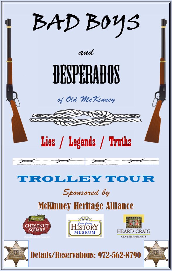 The Bad Boys tour is scheduled for Sat, Oct 13th @ 10AM.  Reserve your seat early by calling 972.562.8790 or thru ChestnutSquare.org website.  The notorious Belle Starr will be your tour guide.