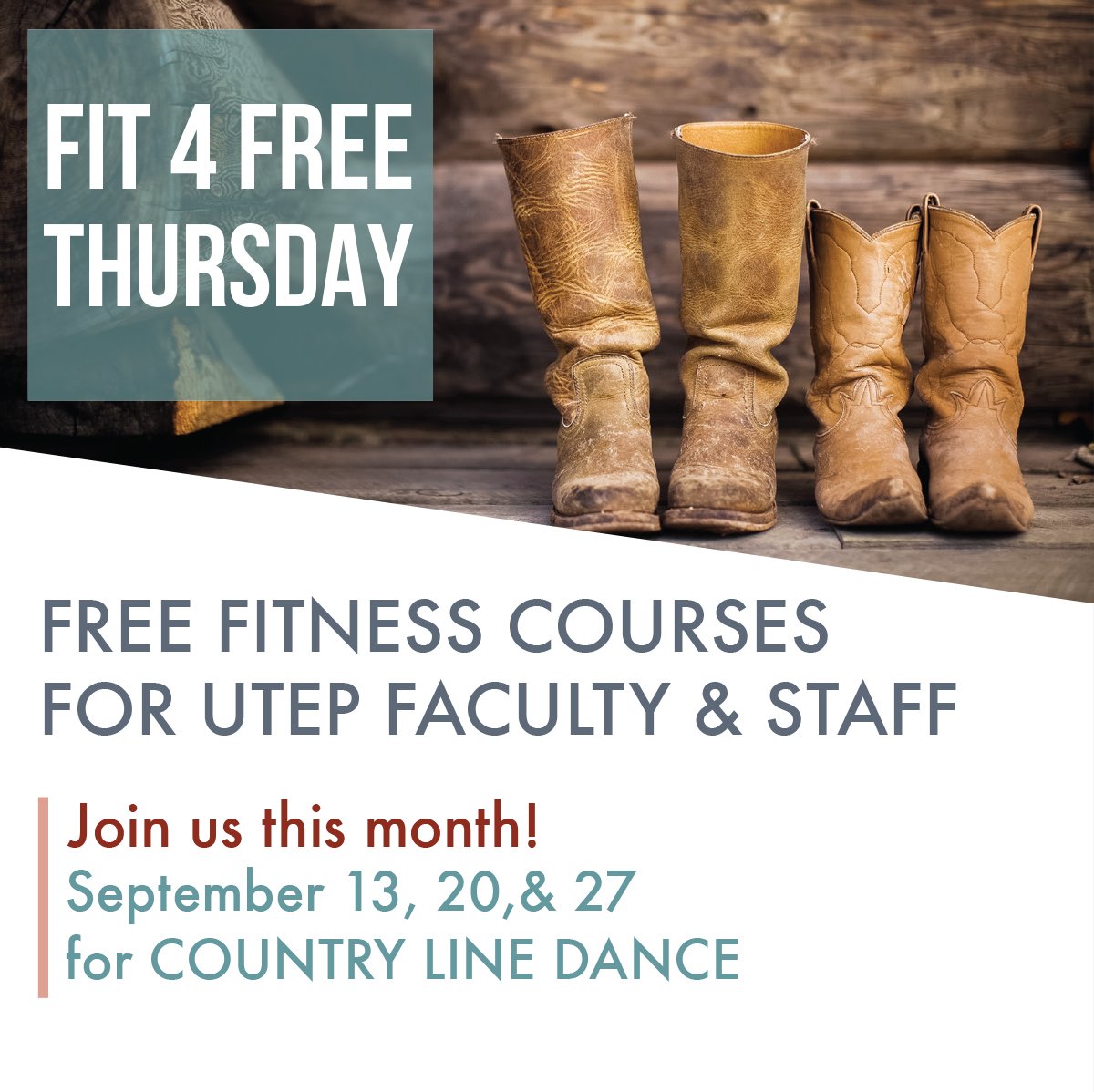 UTEP_P3's tweet photo. Every week join us after work for our #Fit4FreeThursdays fitness courses. These courses are exclusively offered to our UTEP faculty and staff.* Every Thursday, 5:15-6 p.m.; completely free. *For more details, call us @ 915-747-5142 to register #UTEPP3 #FreeUTEPCourses #P3fitness https://t.co/fuv5vhbJvX