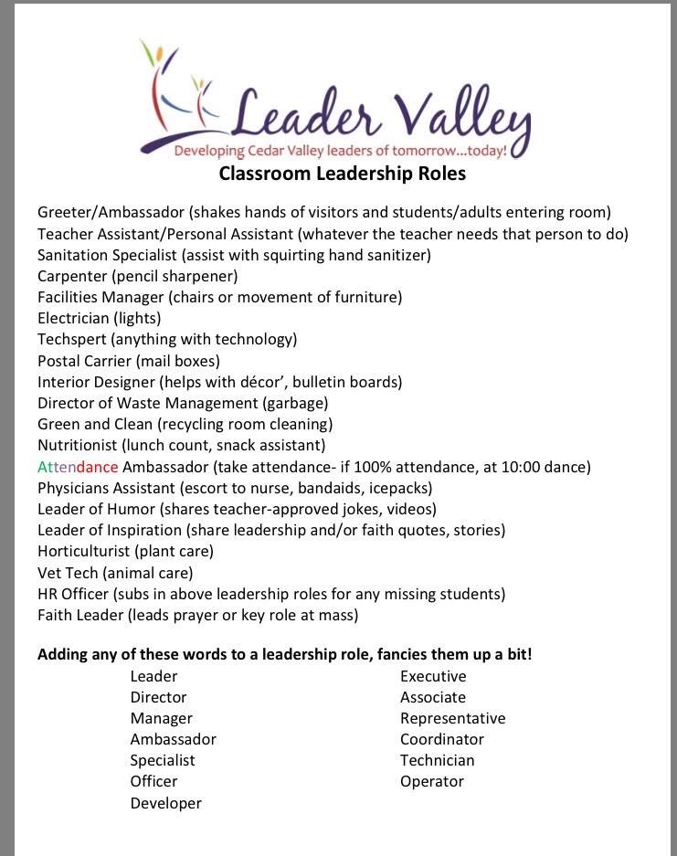 More ideas for incorporating student leadership roles into our daily routine! #AVFollowMyLead #TLIM <a href="/hsilva13/">Heather Silva</a> <a href="/BenCooper559/">Ben Cooper</a> <a href="/DaneeNogues/">Danee Nogues</a> #TCSDshare