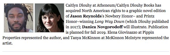 90secondnewbery's tweet photo. Exciting news from @PublishersWkly!  A graphic novel edition of Long Way Down by @JasonReynolds83,  illustrated by @DNovgorodoff is coming Fall 2019! #poetry #graphicnovel #ProjectLITchat https://t.co/g3pAbhnUn4