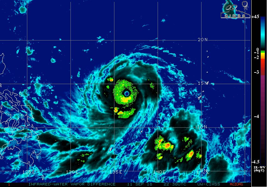 youngessoc's tweet photo. LOOK: STY #Mangkhut is now nearing the eastern boundary (135 E) of the Philippine Area of Responsibility. It is expected to enter later today. 

|via CIMSS https://t.co/ewCiSBrV96