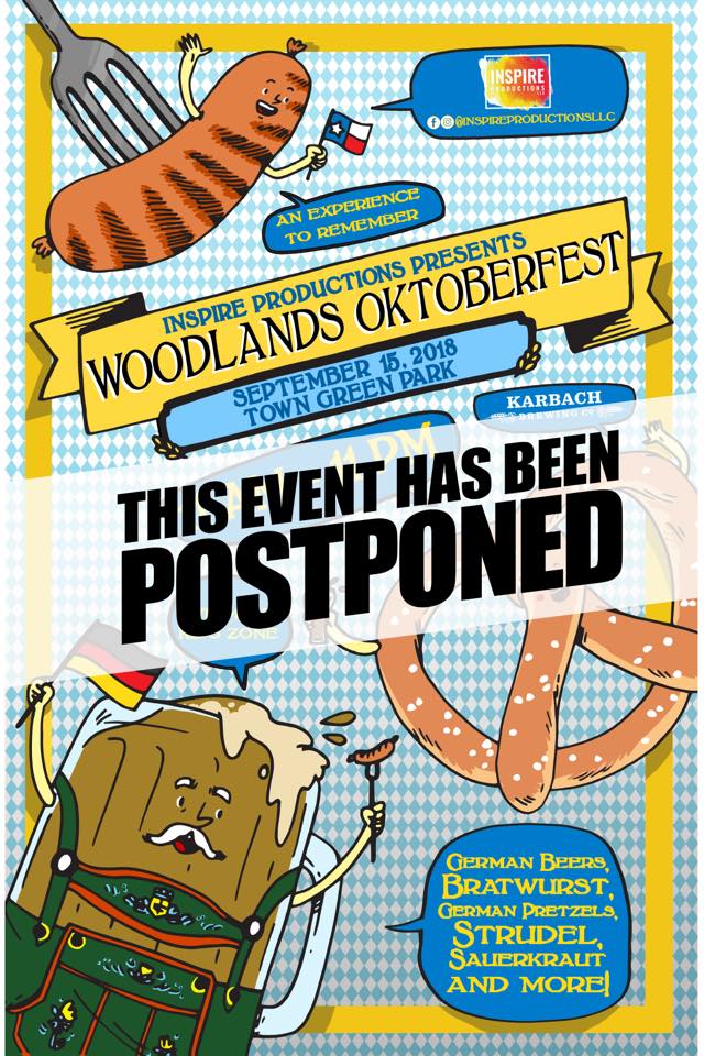 HelloWoodlands's tweet photo. UPDATE: The Woodlands Oktoberfest has been postponed due to inclement weather. All tickets purchased and received for this event will be good for 3rd Annual Truck or Treat Halloween Food Truck Festival in Town Green Park on October 27, 2018. @inspireprd 
https://t.co/ZjijCySwa5 https://t.co/T800Dwlzvy