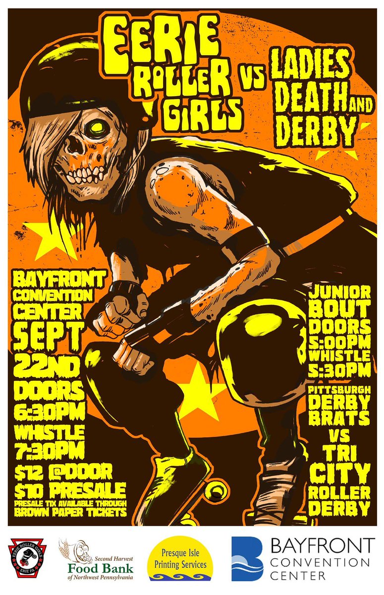Erierollerderby's tweet photo. ATTENTION DERBY FANS: Your Eerie Roller Girls will be skating in their final home bout Saturday September 22 at the Bayfront Convention center, and that's not all!! https://t.co/HSl7pohcnV