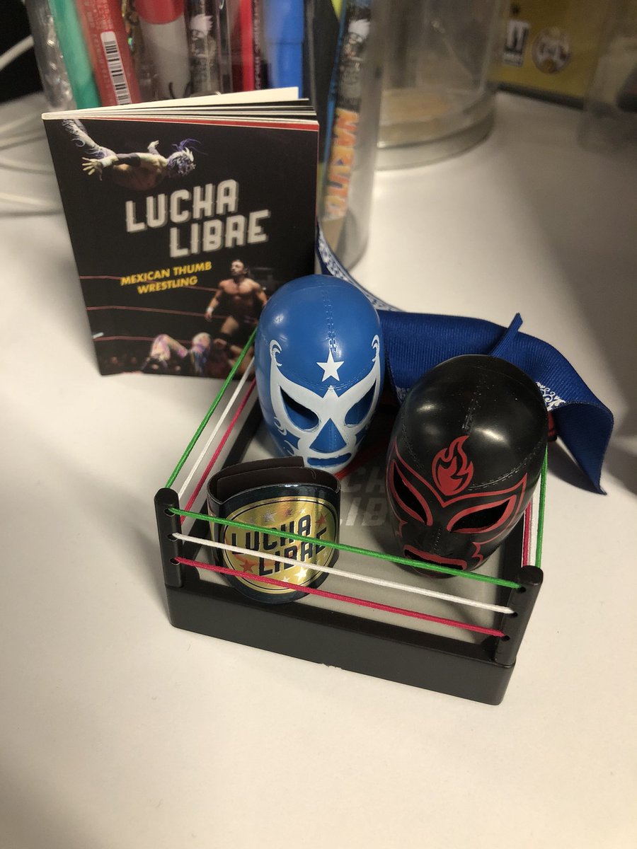 maskedrepublic's tweet photo. Oh no big deal just the sweet new Lucha Libre Mexican Thumb Wrestling Kit from @Running_Press and @LegendsOfLucha. Rubber masks, capes and a belt for your thumbs, display ring and 40 page book about lucha! In stores in Oct or pre-order on Amazon https://t.co/tYYQxivvdi https://t.co/WODap6EoSZ