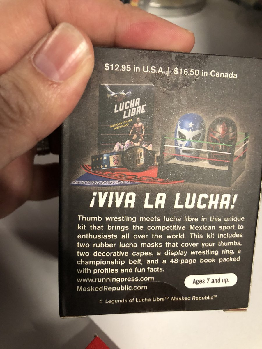 maskedrepublic's tweet photo. Oh no big deal just the sweet new Lucha Libre Mexican Thumb Wrestling Kit from @Running_Press and @LegendsOfLucha. Rubber masks, capes and a belt for your thumbs, display ring and 40 page book about lucha! In stores in Oct or pre-order on Amazon https://t.co/tYYQxivvdi https://t.co/WODap6EoSZ