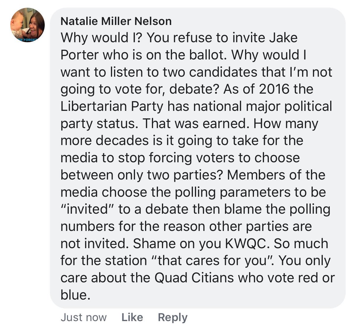 Nataliek129's tweet photo. Guess you can say I got a little worked up in my comment to @kwqcnews post on Facebook about “saving the date” for the debate in Davenport. @jakedporter @LPIowa #OpenTheIAgovDebates #IAGov #IApolitics https://t.co/R4Ubj3CoJW