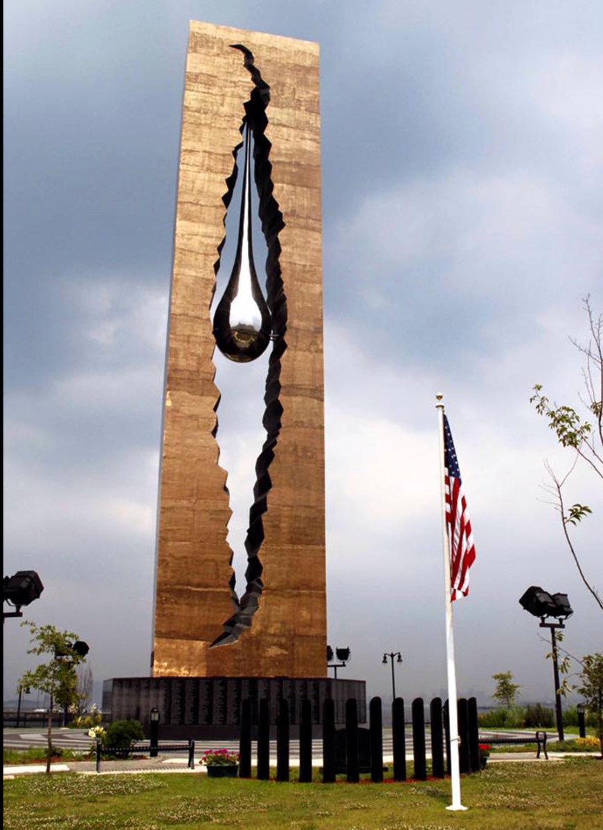 This amazing work of art was given to the United States from Russia to memorialize the events of 9/11. The two jagged columns on either side represents the twin towers and the teardrop in the middle represents the tears that were shed around the world for our unimaginable loss.