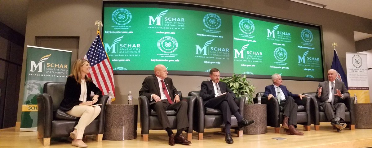 bethcabrera's tweet photo. Wow! Amazing panel on "Secrets, Presidents, & Dissent" at @GeorgeMasonU @ScharSchool with @GenMhayden, Jim Clapper, Phillip Mudd, & Mike Rogers moderated by @NicolleDWallace. https://t.co/YrJGXbsukM