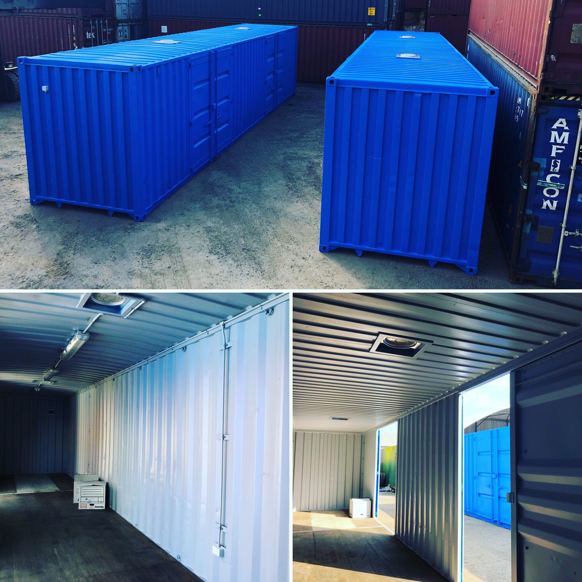 premierbox's tweet image. Two repainted 40’ high cubes ready for delivery. These containers have had two sets of container doors fitted to one side wall on each container. 

Extra ventilation with two whirly birds and vents. One has been fitted with lights and power points. #usedshippingcontainer #storage