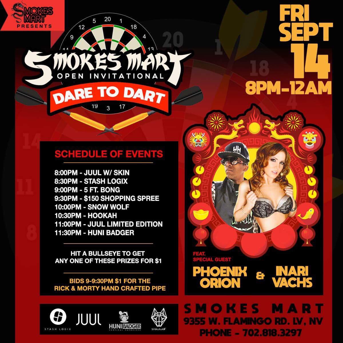 iamphoenixorion's tweet photo. This Friday #Elevate and #Exhale with #InariVachs + #PhoenixOrion 8pm-12am #DareToDart prizes + gifts by #Juul #StashLogix #SnowWolf #HuniBadger https://t.co/CxHHxFa1lz