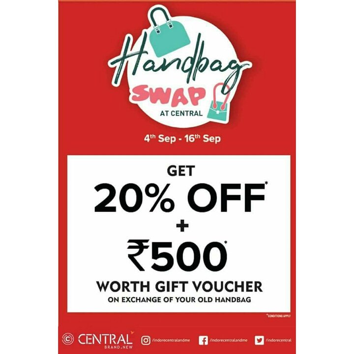 IndoreCentral's tweet photo. Get 20% off on the trendiest handbags and get additional Rs 500 worth of Gift voucher on exchange of each of your old handbag.
Offer valid from 4th – 16th September only.
Have you stocked up already?
Register Now: https://t.co/QwRkIfeuou

#indorecentral #indorecentralandme https://t.co/hvHZKQ0HHj