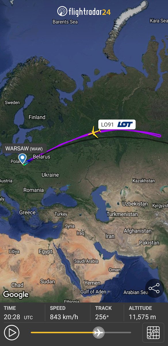 FlightIntl's tweet photo. LOT flight #LO91 to Beijing returned to Warsaw last night https://t.co/AM1G8FJCFU https://t.co/D9fUbxcFfI