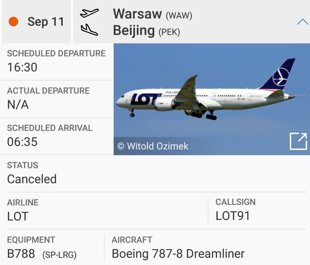 FlightIntl's tweet photo. LOT flight #LO91 to Beijing returned to Warsaw last night https://t.co/AM1G8FJCFU https://t.co/D9fUbxcFfI