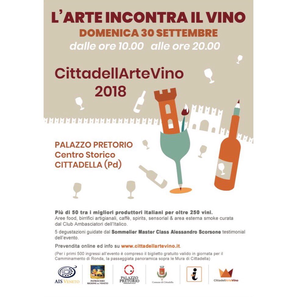 ArteVino's tweet photo. ECCOLA LA LOCANDINA UFFICIALE DI #CittadellArteVino2018 CON LOGHI ESPOSITORI E SPONSOR 🥂🍷🍸🍻
Salta la fila e risparmia... acquista il biglietto su https://t.co/N871VdT2N5 
#palazzopretorio #Cittadella #winefestival #Veneto #Padova #Vicenza #vino #arte #wine #CittadellArteVino https://t.co/xoEO3dRNVz