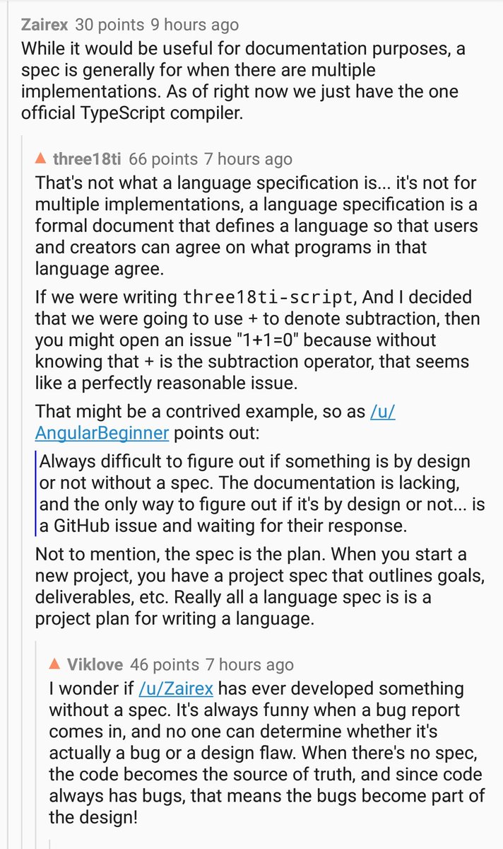 "When there's no spec, the code becomes the source of truth, and since code always has bugs, that means the bugs become part of the design."

That's why I'm sad that #rustlang still has no formal spec.

reddit.com/r/programming/…