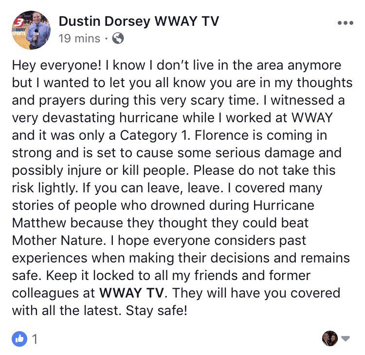 Be safe everyone! Praying for you all. I’ll be keeping up with @mdrobinsontv <a href="/JustinMcKeeWx/">Justin McKee</a> <a href="/deanofweather/">Meteorologist Scott Dean</a> <a href="/helenholt123/">Helen Holt</a> and <a href="/WWAY/">WWAY News</a> to make sure everyone is okay! You all need to make sure to listen to them. They save lives! #HurricaneFlorerence