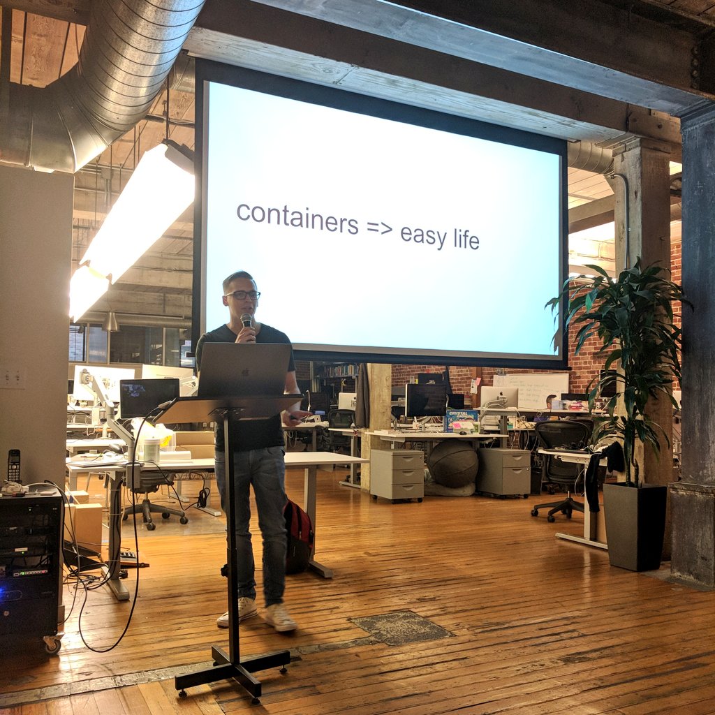 fogcityruby's tweet photo. First tonight is @jufahr telling us about that easy life with containers! #FogCityRuby https://t.co/Eixd7ttGMS