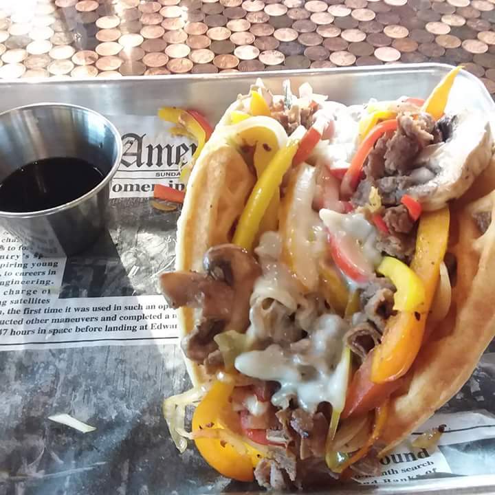 WAFFLE WEDNESDAY: Philly cheese steak waffle sandwich, waffle fries &amp; drink $9. Should the Philly be added to the main menu?!