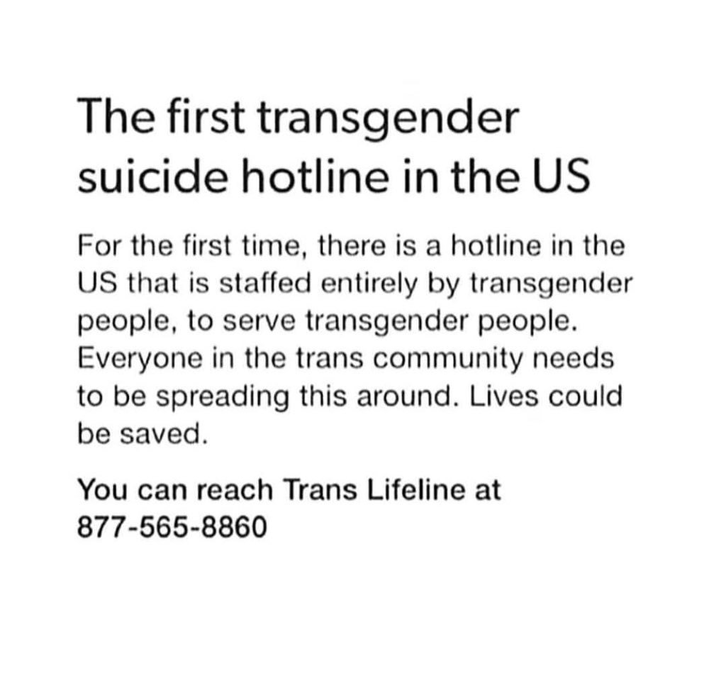JinkxMonsoon's tweet photo. The suicide rate in the trans community is higher than most other communities - it is important that this hotline is staffed by trans people to help trans people. Spread the word. Let’s help to not lose any more of our trans family. https://t.co/xvf1uVJKB4